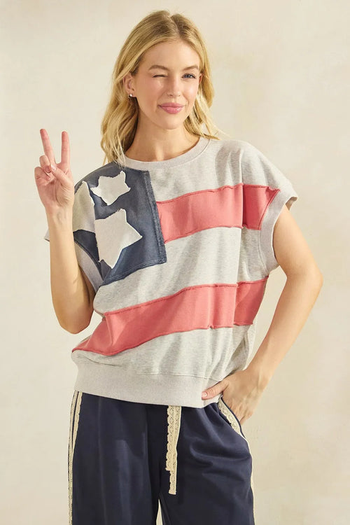 Gray american flag patch cropped sweatshirt with navy and coral mineral wash stripes for casual wear