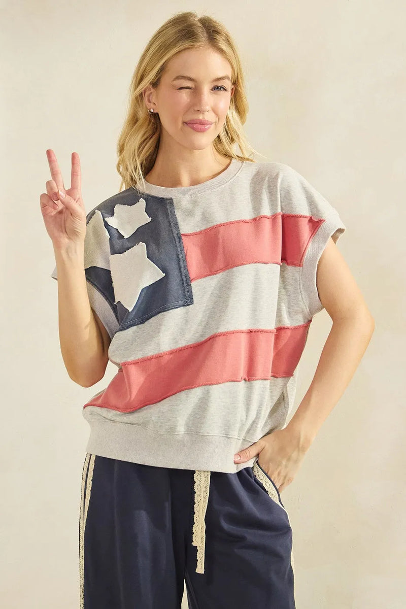 Gray american flag patch cropped sweatshirt with navy and coral mineral wash stripes for casual wear