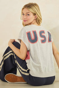 Gray heathered mineral wash short sleeve t-shirt with bold navy blue and pink usa embroidery and american flag patch