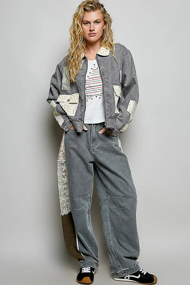 Gray patchwork denim jacket with lace trim and studded pockets in bohemian vintage wash denim design