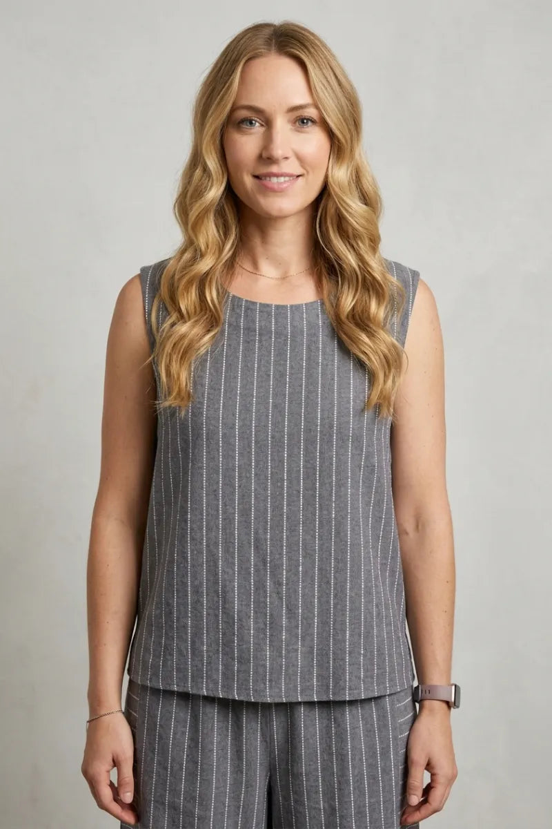 Gray striped sleeveless woven top with subtle vertical pinstripe stitching details for stylish wear
