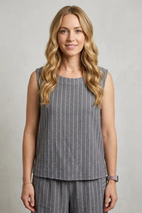 Gray striped sleeveless woven top with subtle vertical pinstripe stitching details for stylish wear