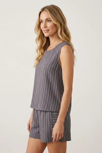 Gray pinstripe sleeveless woven top with relaxed fit and tiered hem ideal for casual and office wear