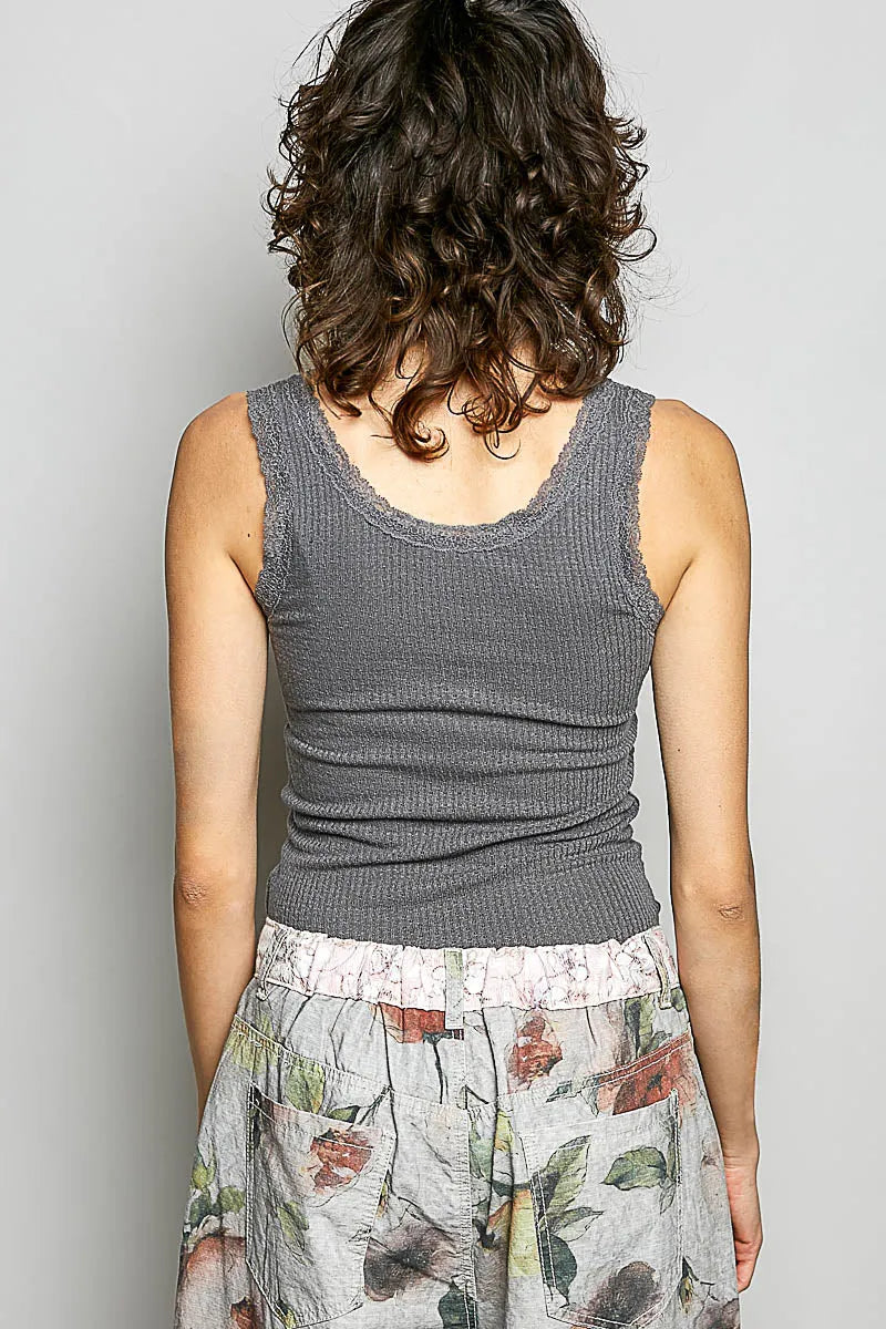 Gray fitted ribbed tank top with boho lace style and a slightly frayed neckline in ribbed knit fabric