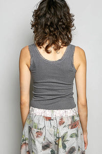 Gray fitted ribbed tank top with boho lace style and a slightly frayed neckline in ribbed knit fabric