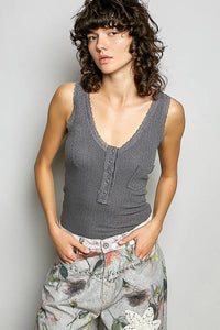 Gray fitted ribbed tank top with boho lace v-neck and button-front detail in a sleeveless knit design