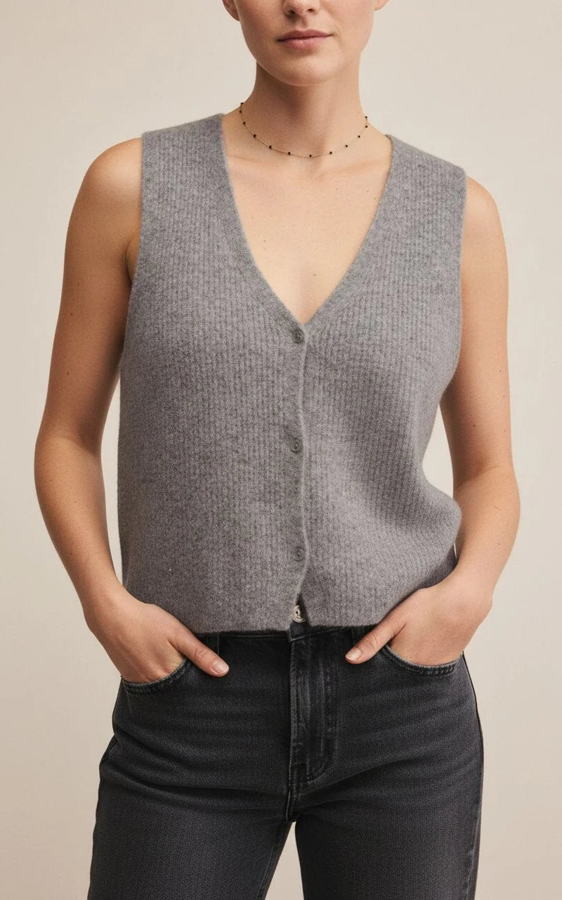 Gray ribbed knit sleeveless layering vest with V-neck and buttons