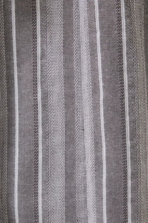 Gray and white vertically striped woven fabric of v neck cap sleeve midi dress with waist tie belt detail