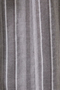 Gray and white vertically striped woven fabric of v neck cap sleeve midi dress with waist tie belt detail