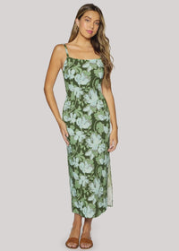 Green floral print petal grove maxi dress with thin spaghetti straps and square neckline from lost + wander