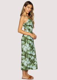 A green floral print petal grove maxi dress with thin straps and waist cutout detail by lost + wander