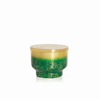 Green and gold gradient crystal pine glimmer inverted candle in a textured glass jar with metallic lid 10oz