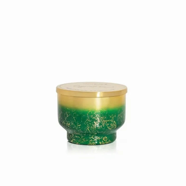 Green and gold gradient crystal pine glimmer inverted candle in a textured glass jar with metallic lid 10oz