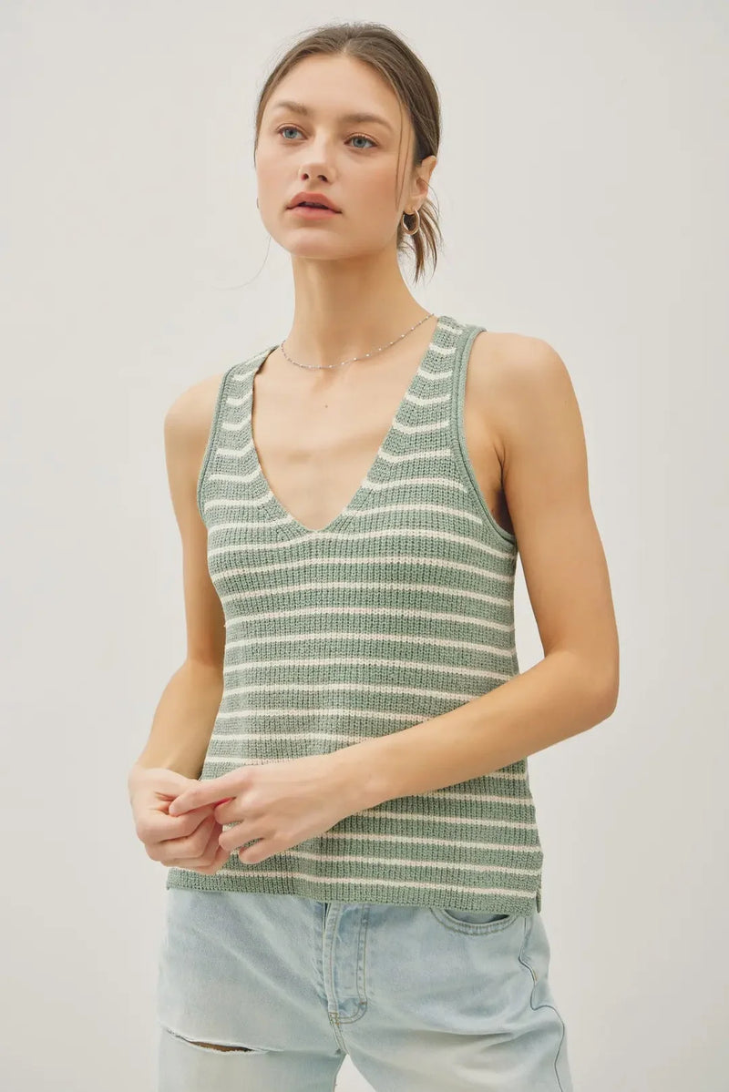 Green and white striped v neck tank top for women’s boho chic clothing
