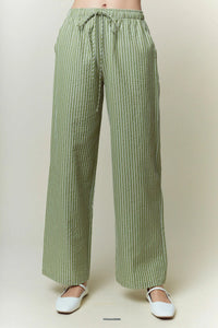 Wide-leg green and white yarn dye stripe elastic pants with drawstring waistband for comfortable wear