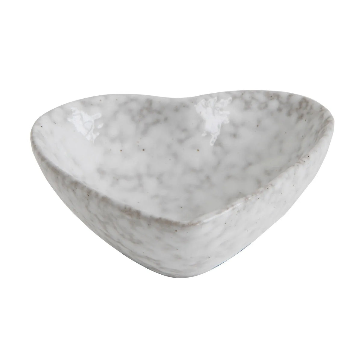 Stoneware heart dish with a speckled white and gray glaze in a ceramic heart dish design
