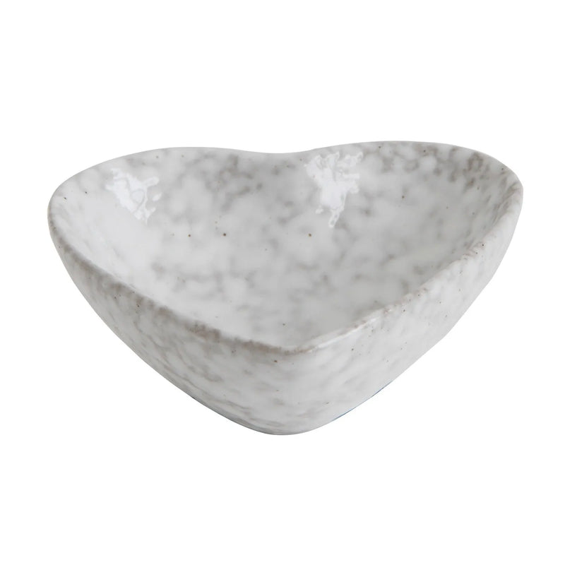Stoneware heart dish with a speckled white and gray glaze in a ceramic heart dish design