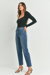High-waisted full length straight denim jean in blue with subtle distressing and a length straight denim cut