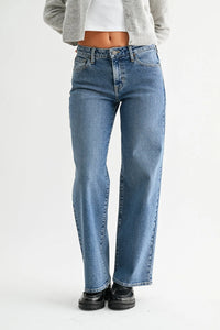 High-waisted blue denim mid rise jeans with slim wide leg cut and classic five-pocket design with light stretch