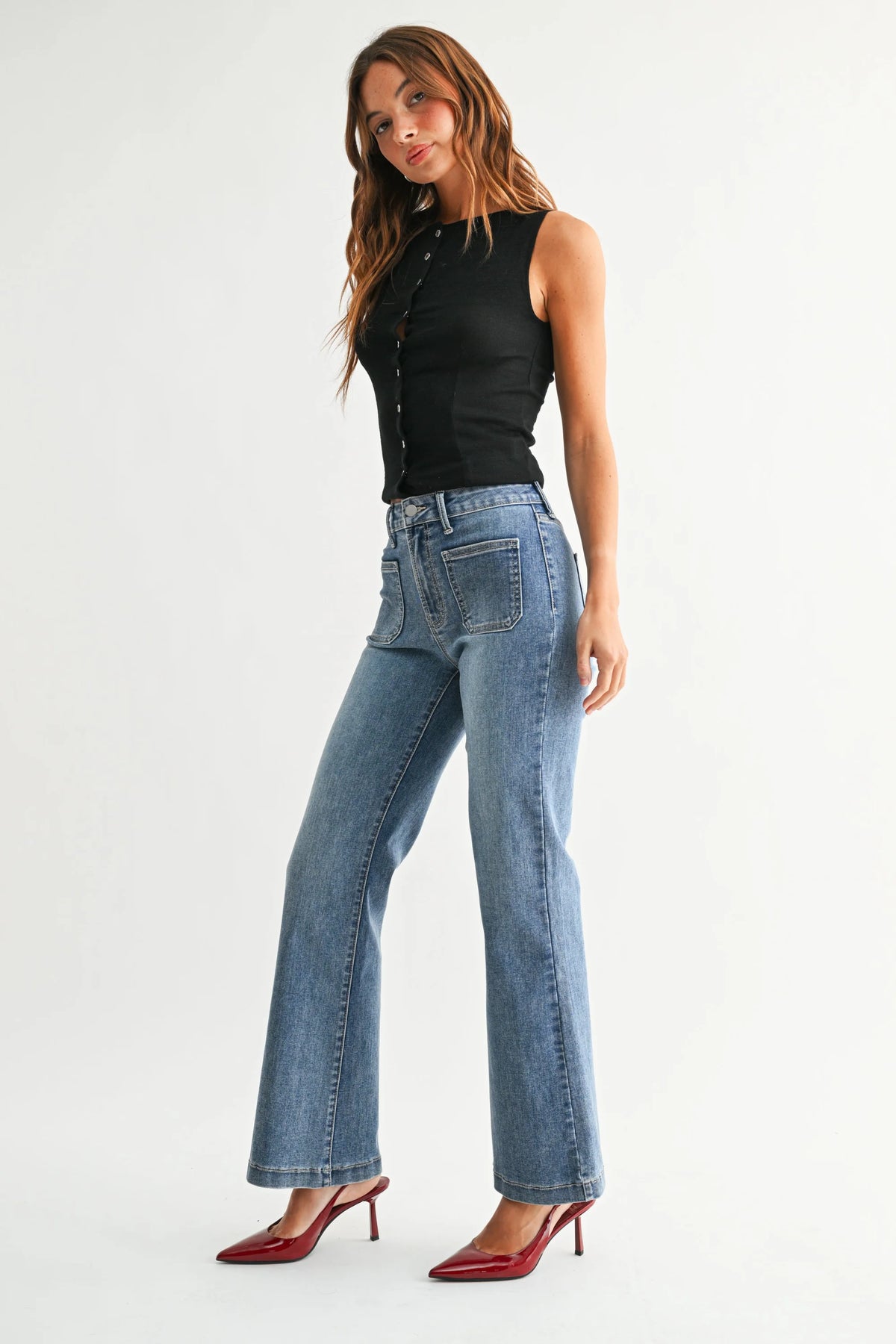 High-waisted blue denim patch pocket flare jeans