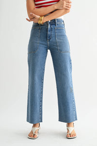 Nautical high rise wide leg denim jeans in blue with frayed hems made from durable nautical denim fabric