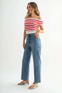 Nautical high rise wide leg denim jeans in blue with high waist, straight-leg cut, and visible stitching details