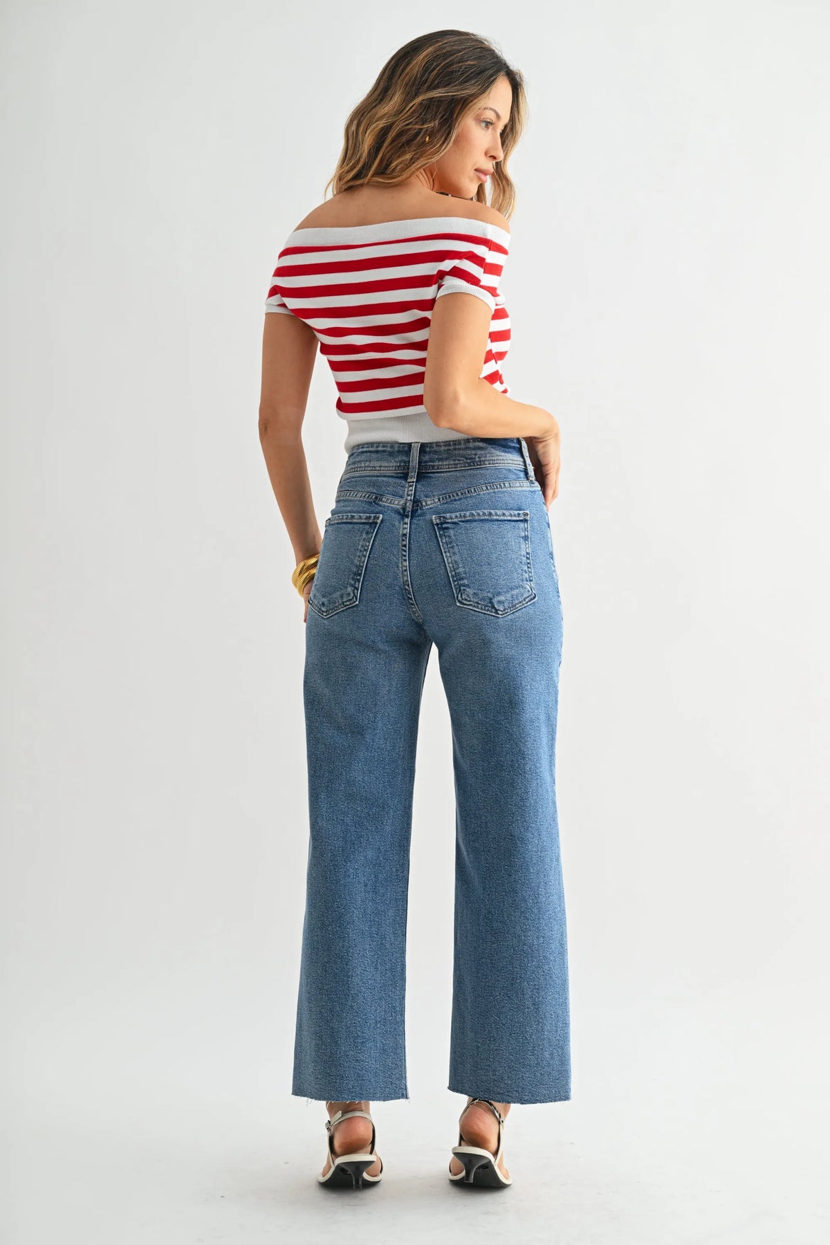 High-waisted nautical wide leg denim jeans in blue with a straight-leg cut perfect for casual wear