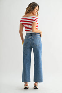 High-waisted nautical wide leg denim jeans in blue with a straight-leg cut perfect for casual wear