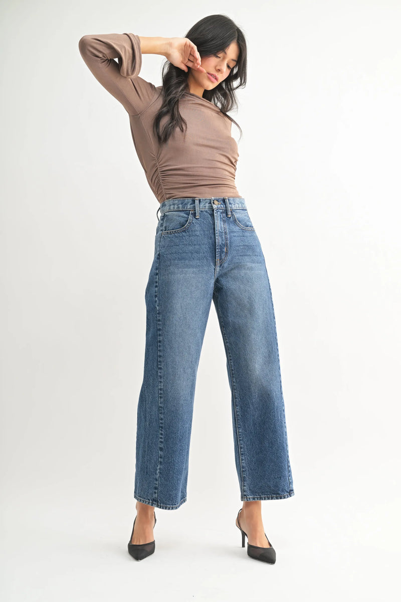 High rise barrel denim jeans in blue with a wide-leg cut and cropped hem for women’s boho chic clothing shop daisy