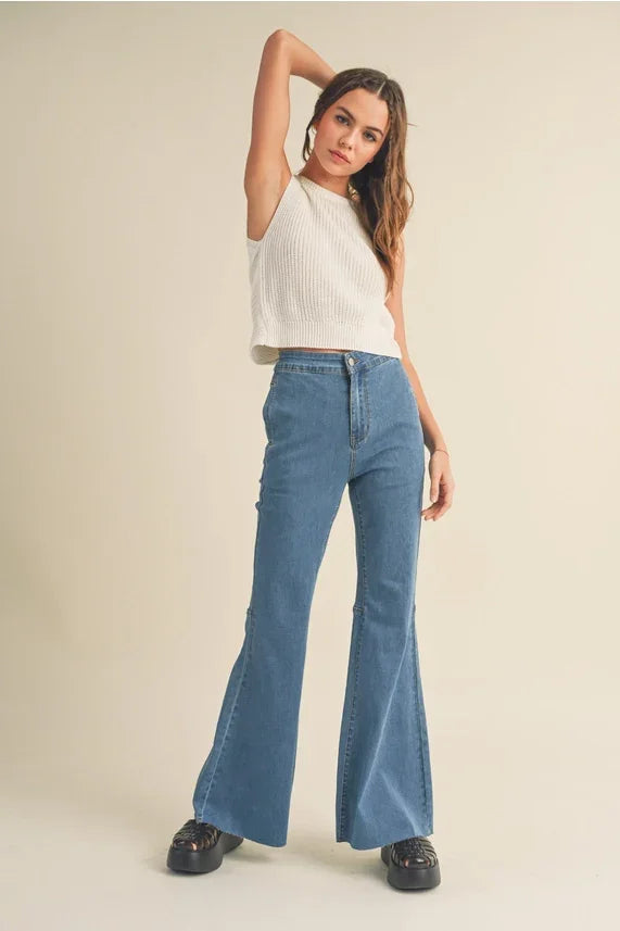 High-waisted boho chic stretched cotton denim flare pants