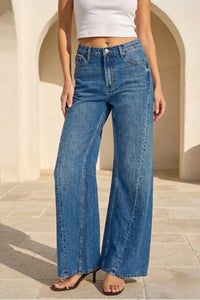 High rise wide leg denim jeans in blue with classic stitching and a high waist design