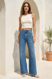 High rise wide leg denim jeans in blue with a straight-leg cut made from durable denim fabric