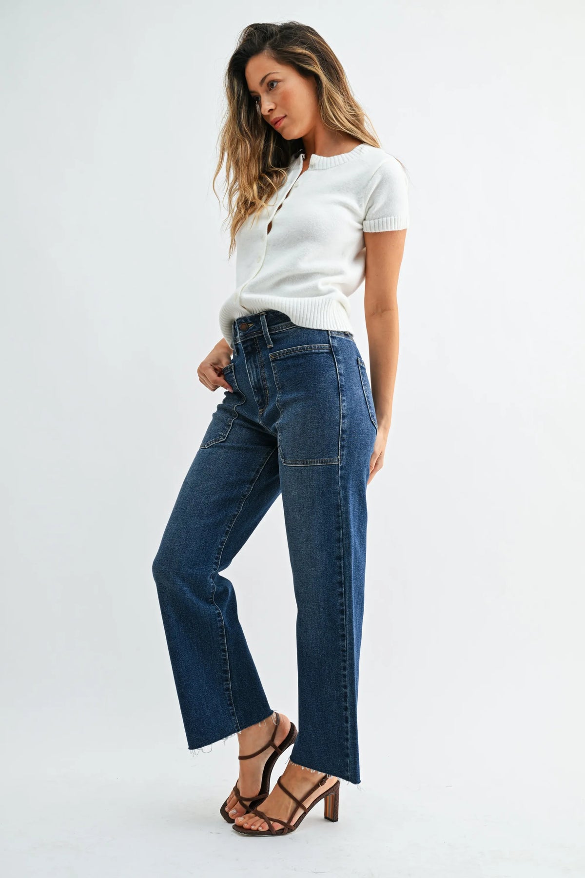 Nautical high rise wide leg denim jeans in dark blue with high waist straight cut and frayed hem detail
