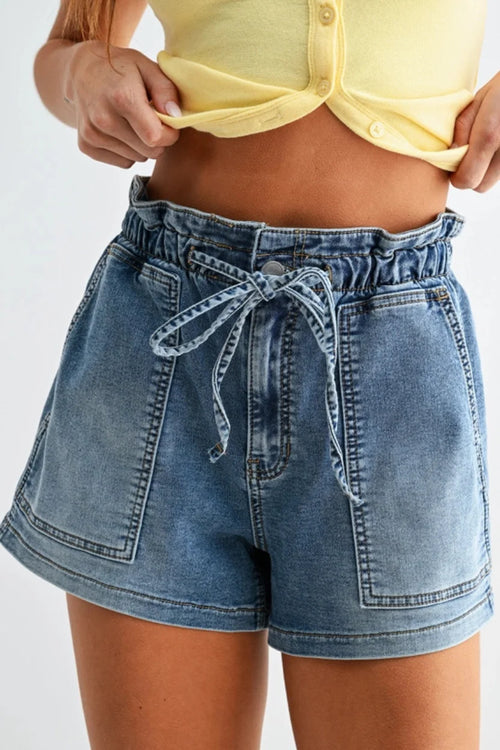 High rise pull on patch pocket denim jean shorts in light blue wash