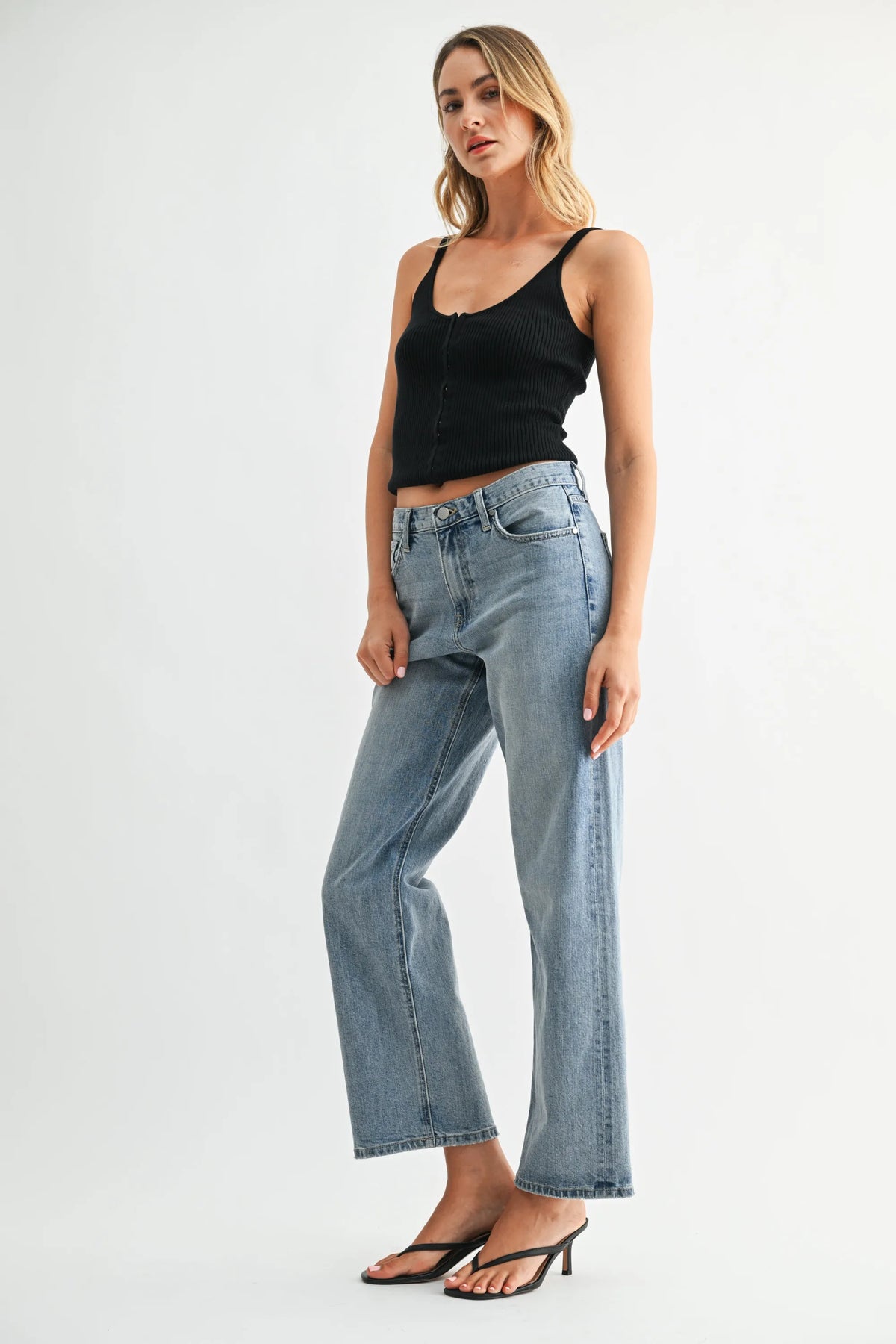 High-waisted light blue denim rise jb collection selvage jeans with straight-leg cut and classic five-pocket design