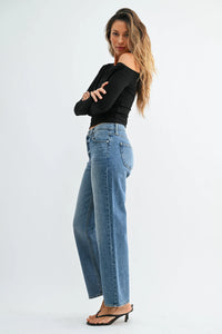 Mid rise classic light blue denim jeans with a high waist and straight leg cut for versatile casual wear