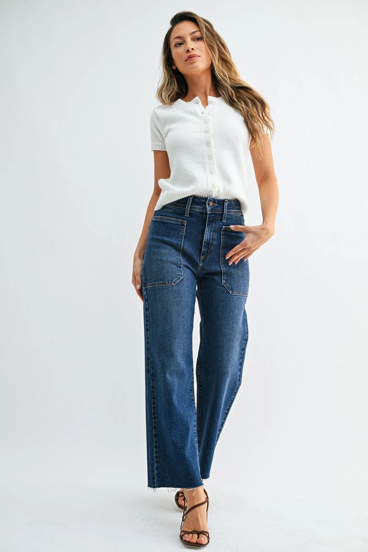 Nautical high rise wide leg denim jeans in medium blue wash with visible stitching and front pockets
