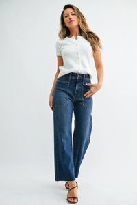 Nautical high rise wide leg denim jeans in medium blue wash with visible stitching and front pockets