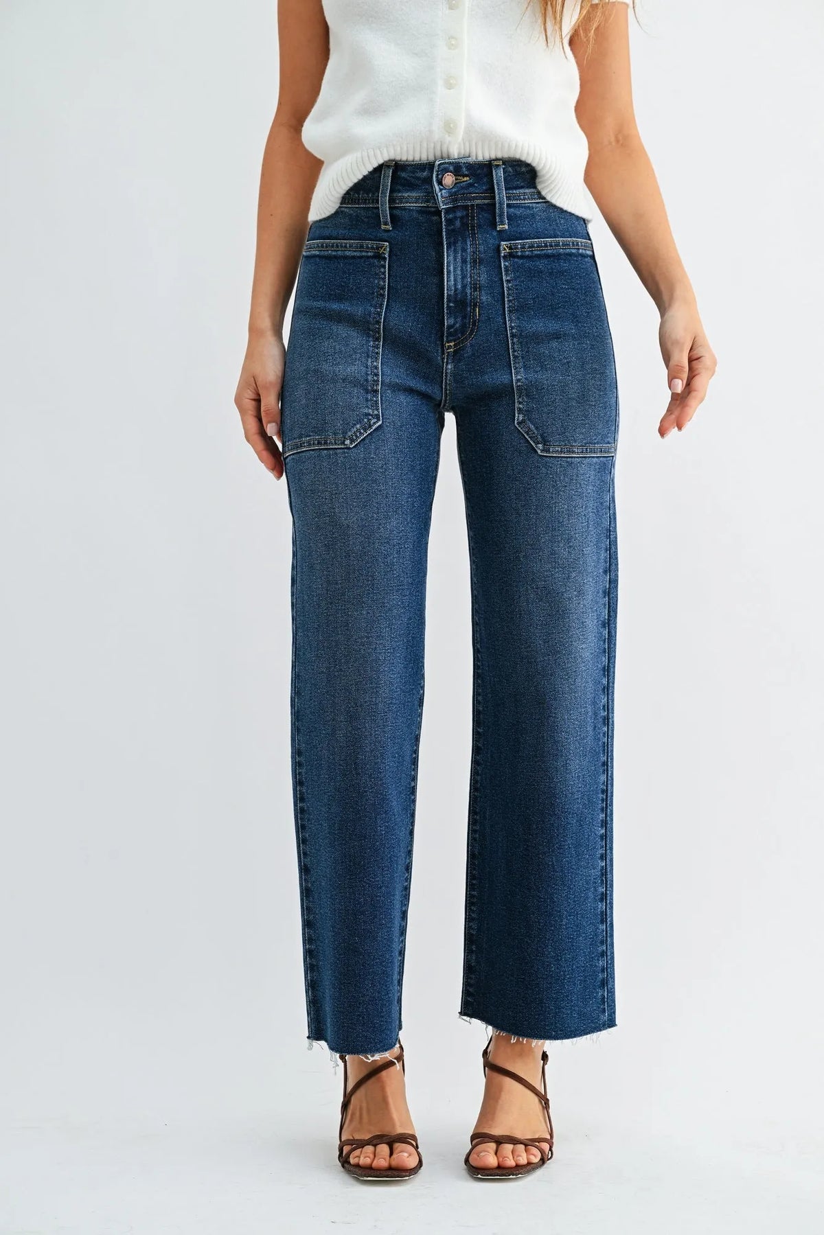 Nautical high rise wide leg denim jeans in medium blue wash with frayed hems featuring a nautical wide leg design