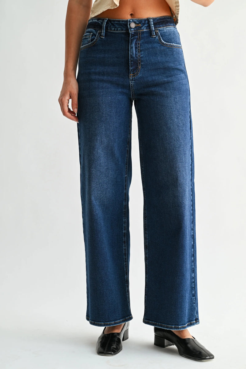 High rise vintage straight denim jeans in classic indigo wash with visible stitching and high-waisted wide-leg fit