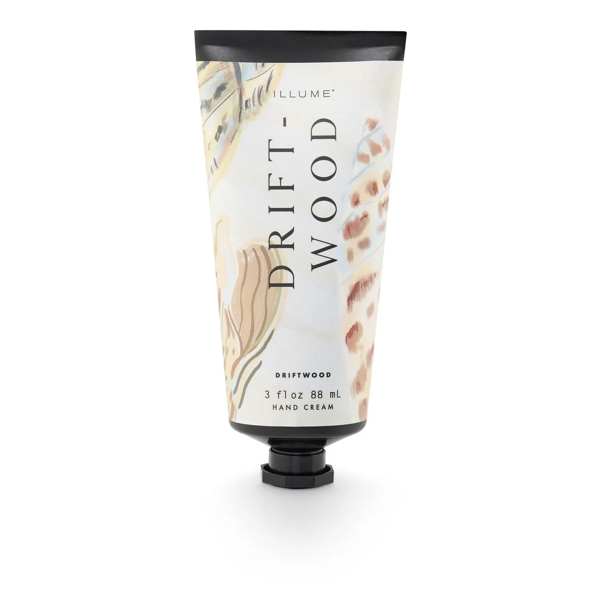 Illume driftwood hand cream in a sleek tube with black cap and watercolor driftwood texture label