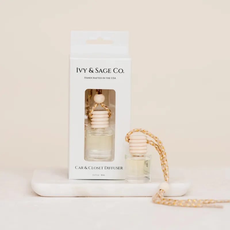 Ivy and sage co hanging car fragrance diffuser with refillable glass bottle luxury car diffuser accessory