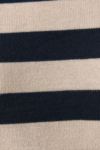 Boat neck dolman sleeve knitted sweater top with navy blue and beige horizontal stripes for casual wear