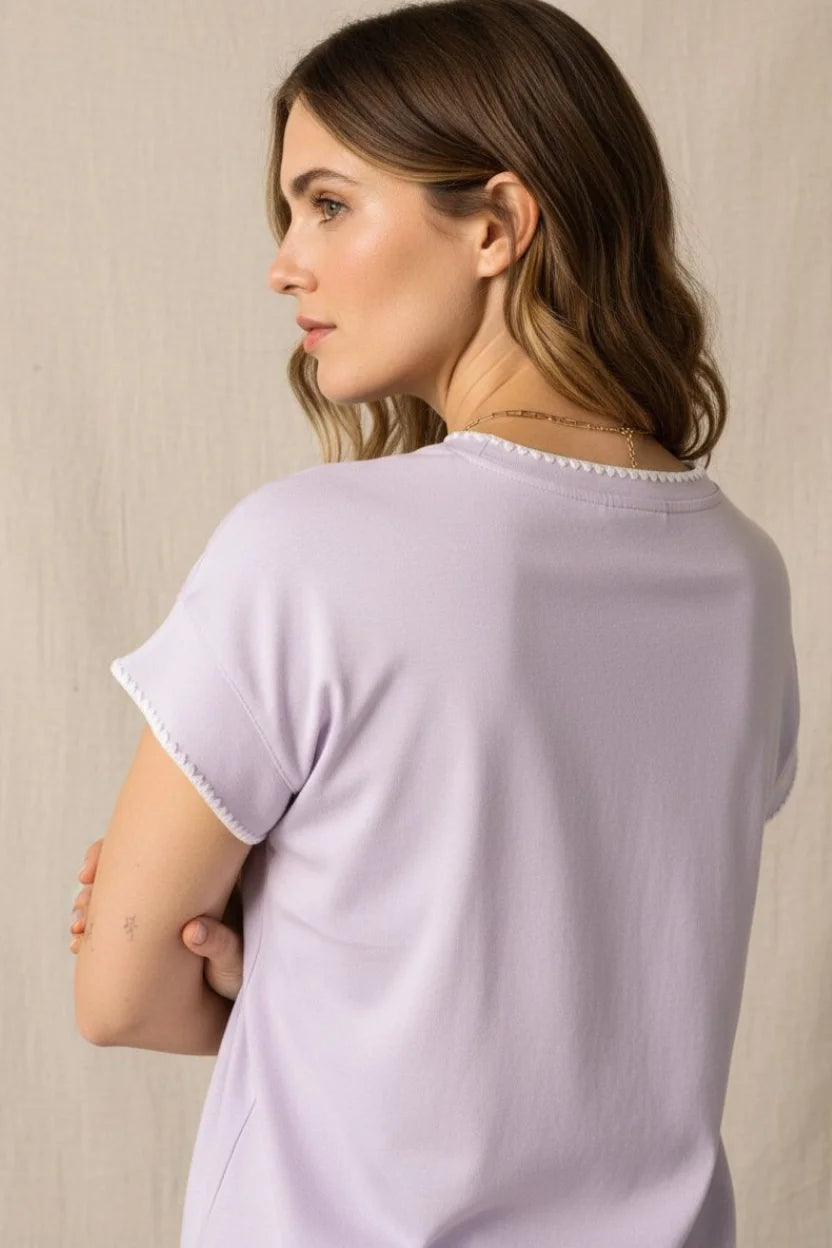 Lavender organic cotton short sleeve relaxed fit t-shirt with white trim