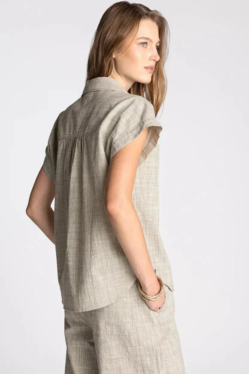 Thread and Supply sable short beige linen short sleeve button up shirt with textured weave and relaxed fit