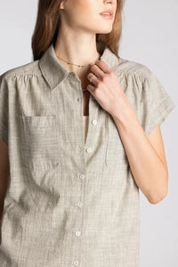 Thread and supply sable short beige short sleeve button up shirt with subtle textured weave and two chest pockets