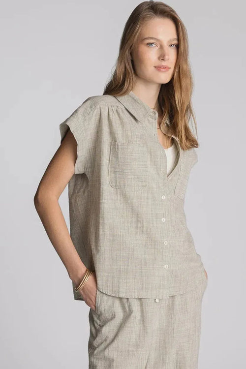 Thread and Supply Sable short beige linen short sleeve button up shirt with textured woven pattern