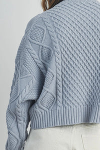 Light blue casual solid cable knit cropped sweater with braided patterns