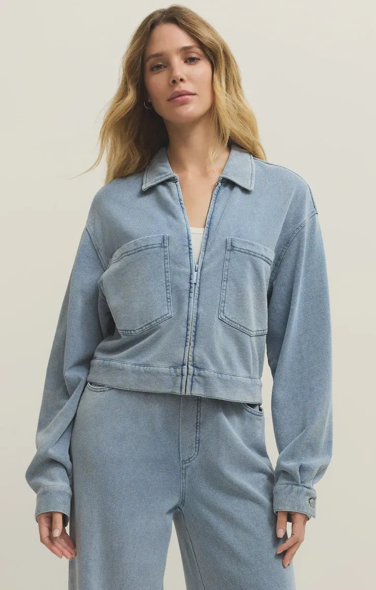 Heritage knit denim jacket in light blue with zipper front and two chest pockets knit denim jacket for casual wear