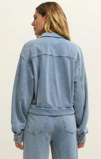Light blue heritage knit denim jacket with relaxed fit and rolled-up sleeves in knit denim material